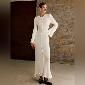 CoMMENSE Semi-Sheer Piping Ruffle Drawstring Knit Dress COLOR -White NWT Medium